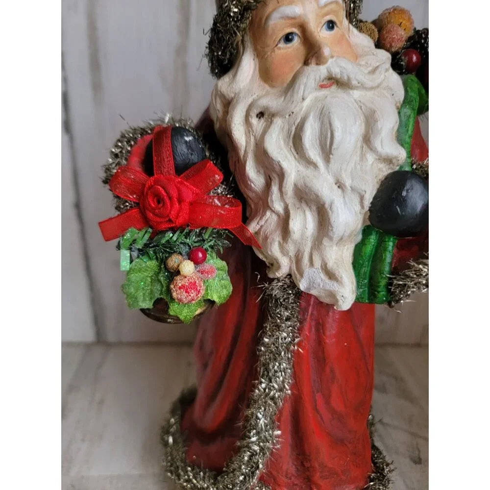 Vintage‎ santa claus tinsel robe basket xmas decor Woodland sack toy